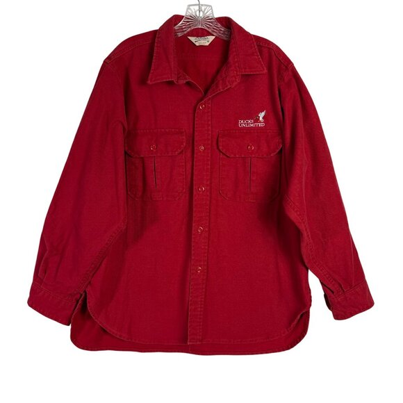 Cabelas Ducks Unlimited Red Denim Shirt Mens L Distressed Button Up Long Sleeve - Picture 13 of 14